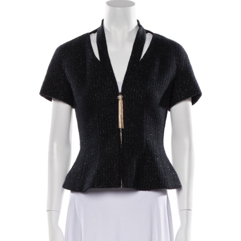 NEW ST. JOHN Elegant Black Short Sleeve Jacket Cotton Blend Peplum Gold HW 2